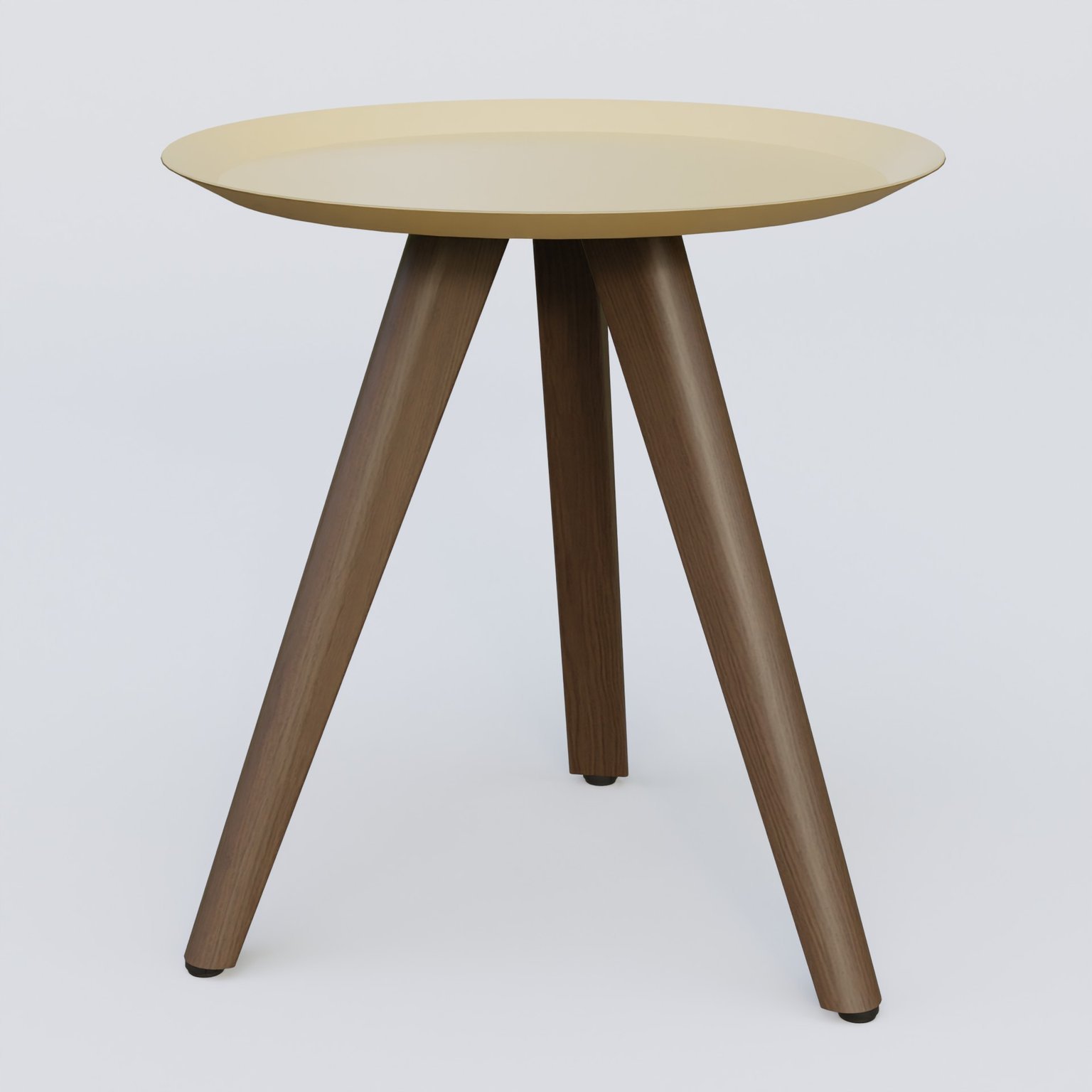 Table Basse Fashion Styl piètement 3 pieds bois et plateau métal. Plateau Jaune Cuivre (RAL 1002) et pietement Chêne Moka.