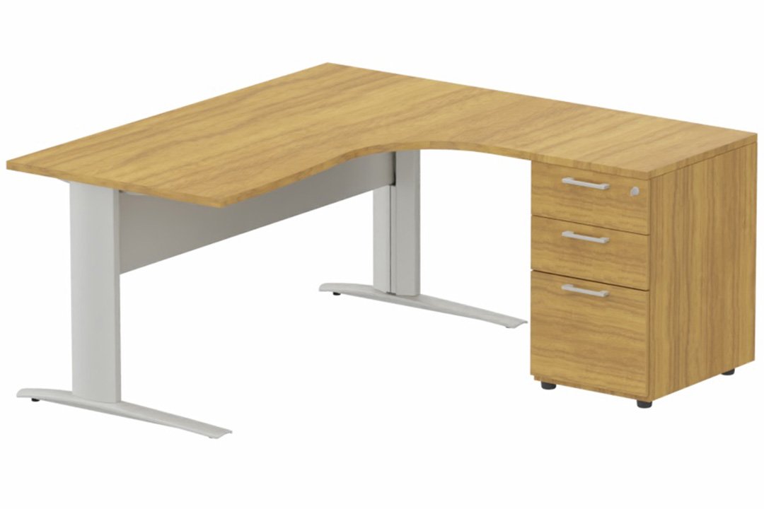 K1 Voile de fond Métal - Plan compact 90° asymétrique 180x162x80/60cm avec caisson HB bois 3 tiroirs - retour à droite -Finitions : PLATEAUX: NOYER (NO) / PIETEMENTS: ALUMINIUM (AL) / CAISSONS MELAMINE: NOYER (NO)