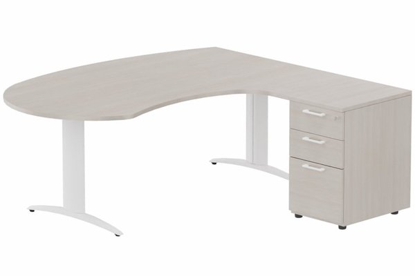 Gamme K2 - Plans compacts - K2 compact 90° manager 190x141x104x60cm sur caisson HB mélamine 3 tiroirs, plateau acacia, structure blanc