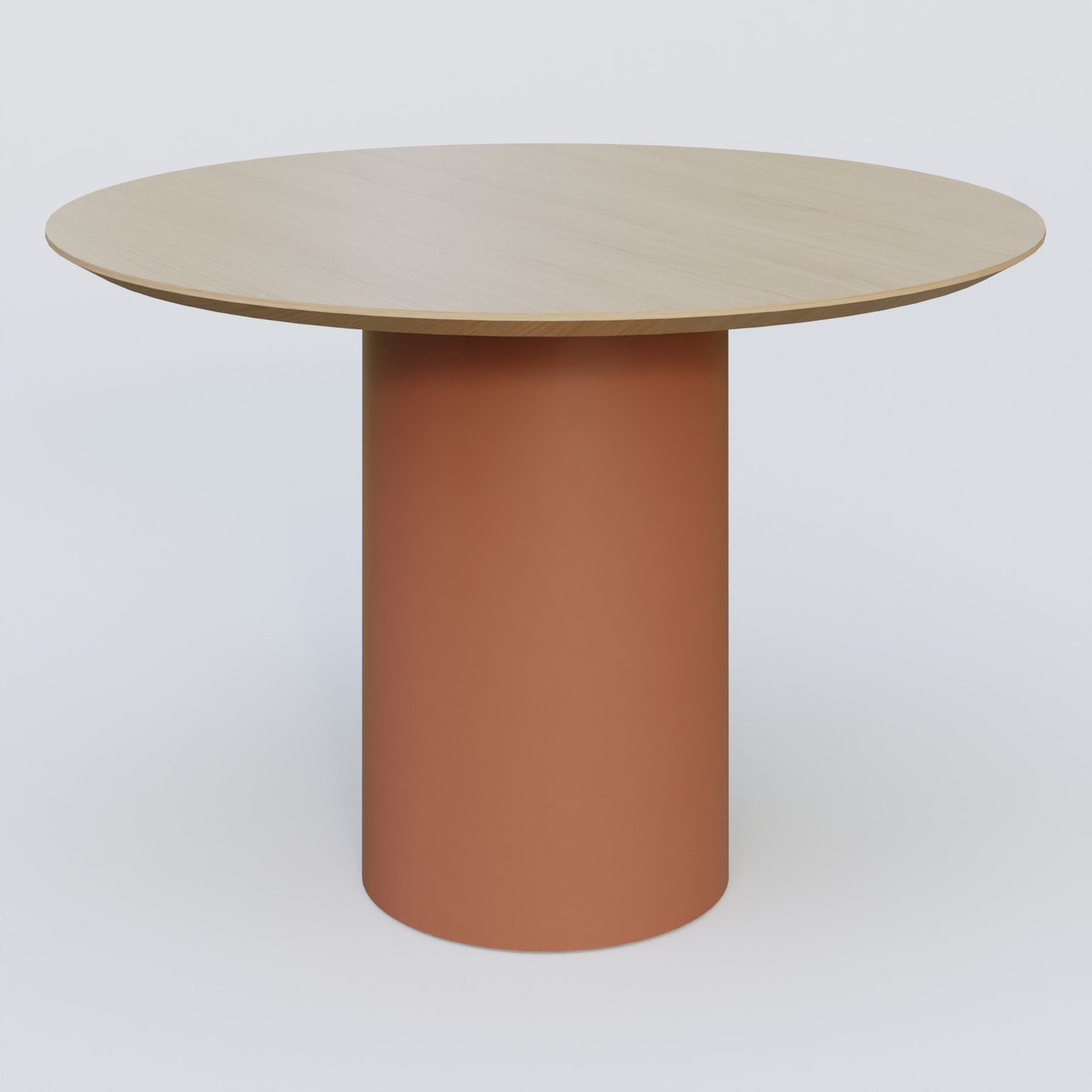 Table Basse Fashion Styl piètement colonne en métal D-26cm et plateau bois. Plateau Chêne et pietement Brun cuivré (RAL 8004).