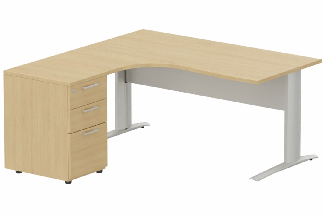 K1 Voile de fond Métal - Plan compact 90° asymétrique 160x162x80/60cm avec caisson HB bois 3 tiroirs - retour à gauche -Finitions : PLATEAUX: CHENE (CE) / PIETEMENTS: ALUMINIUM (AL) / CAISSONS MELAMINE: CHENE (CE)