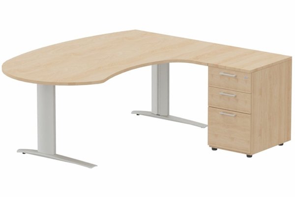 Gamme K1 - Plans compacts - K1 POUTRE compact 90° manager 190x141x104x60cm sur caisson HB mélamine 3 tiroirs, plateau hêtre, structure aluminium