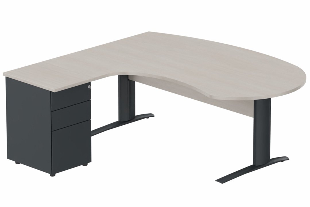 K1 VDF bois compact 90° manager 190x141x104x60cm sur caisson HB métal 3 tiroirs, plateau acacia, structure anthracite