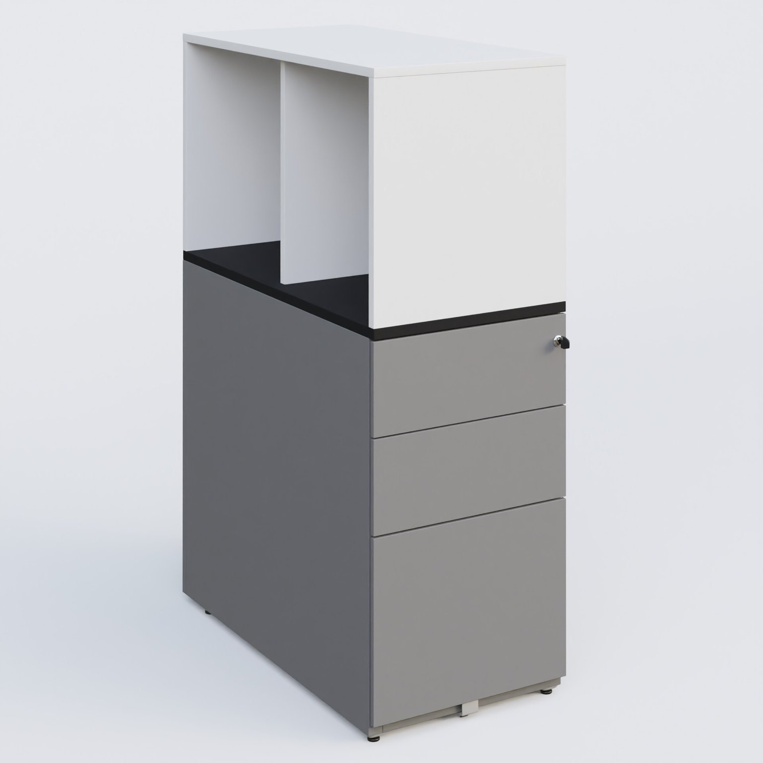 Caisson HB 3 tiroirs avec niche. Caisson Aluminium top de finition Noir Mat et niche blanche.
