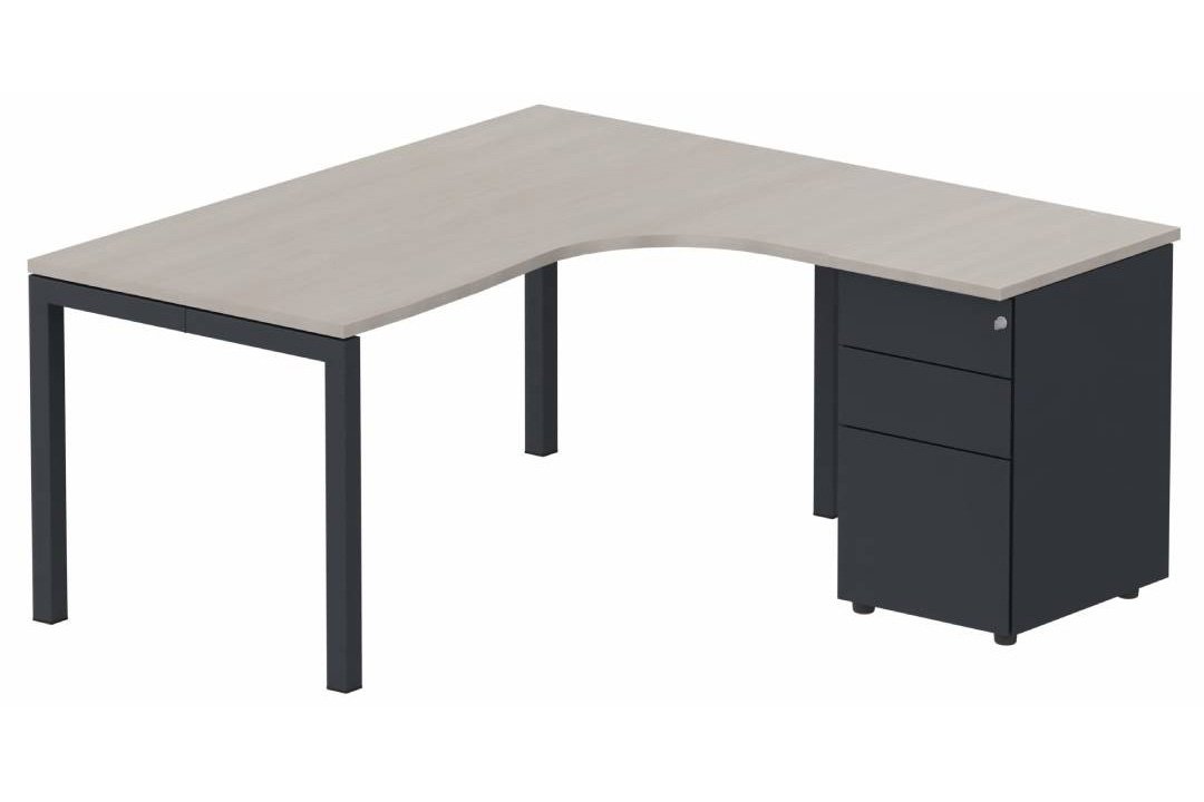 Plan Compact 90° asymétrique 160x162x80/60cm retour à droite avec caisson HB métal 3 tiroirs, acacia/anthracite
