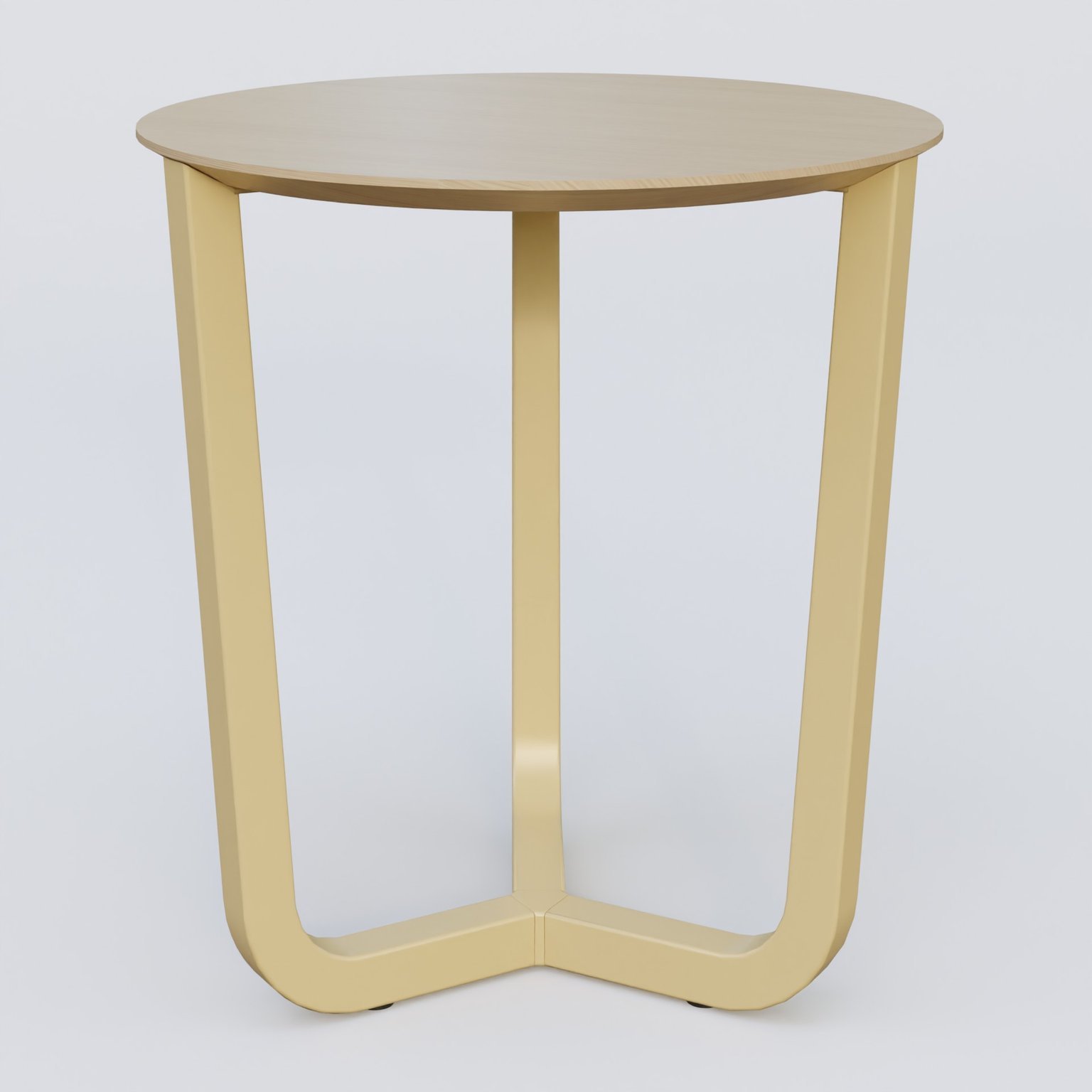 Table Basse Fashion Styl piètement tryptique en métal et plateau bois. Plateau Chêne et pietement Jaune Cuivre (RAL 1002).