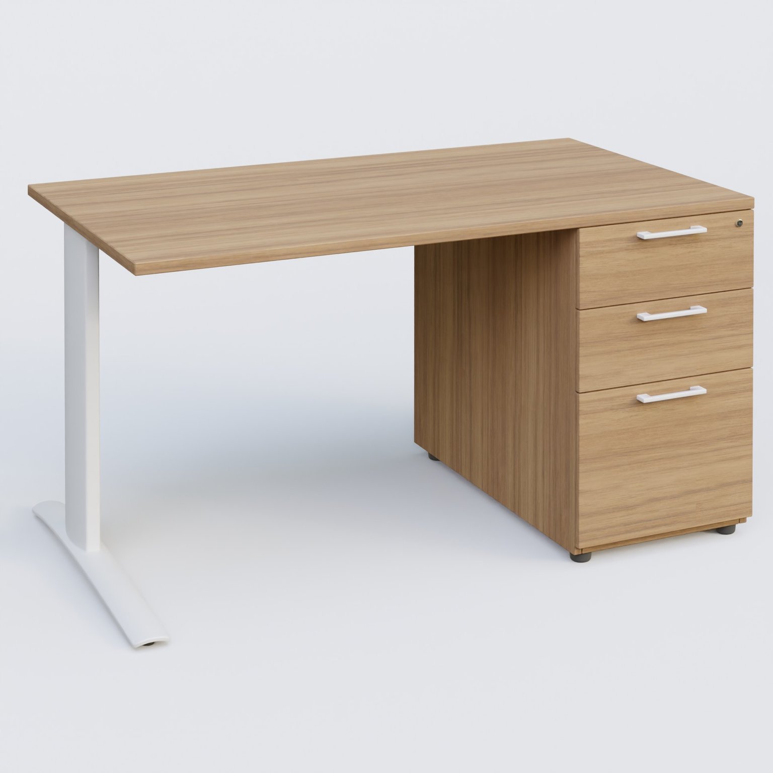 K1 Plateau droit 140x80 avec caisson porteur sous plateau mélamine à droite. Plateau Noyer et pietement Blanc