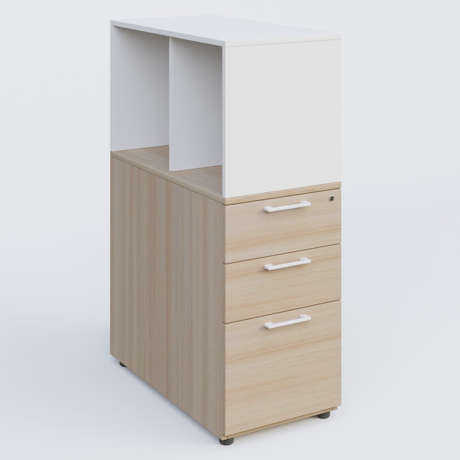 Caisson HB 3 tiroirs avec niche. Caisson Acacia et niche blanche.