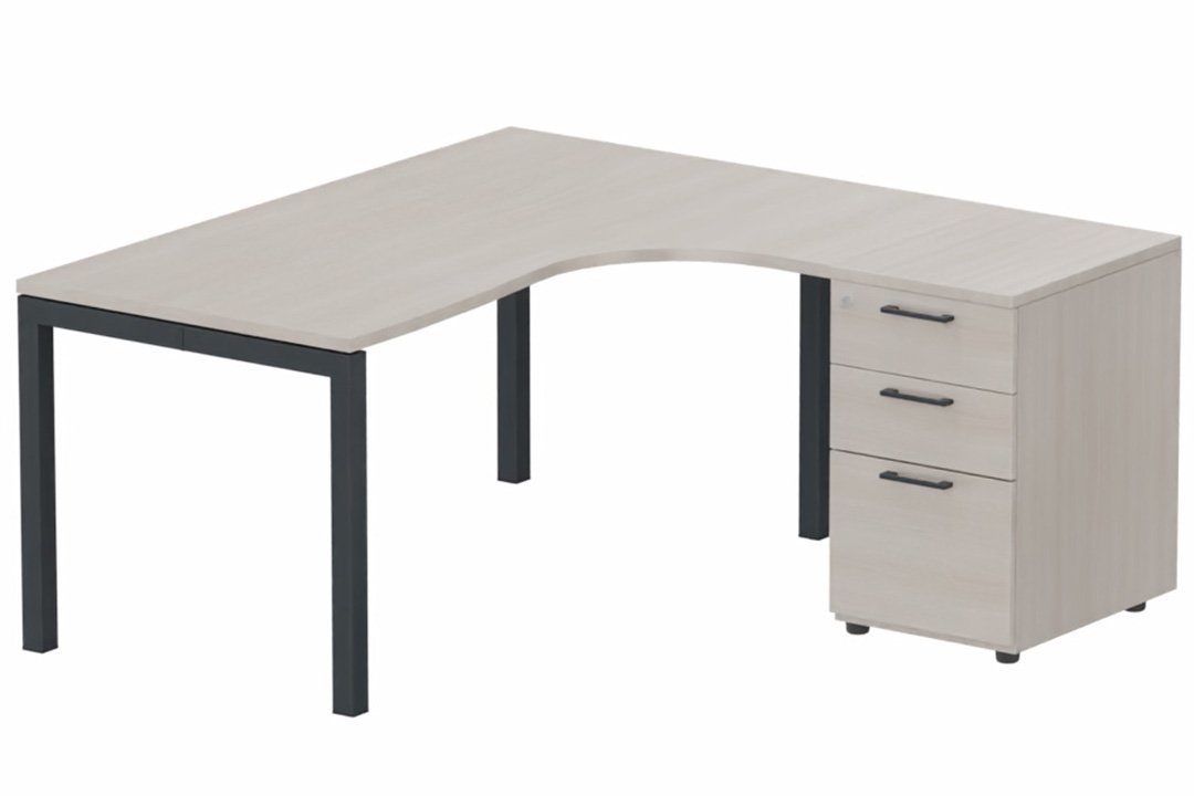 Plan Compact 90° asymétrique 180x162x80/60cm retour à droite avec caisson HB bois 3 tiroirs, acacia/anthracite