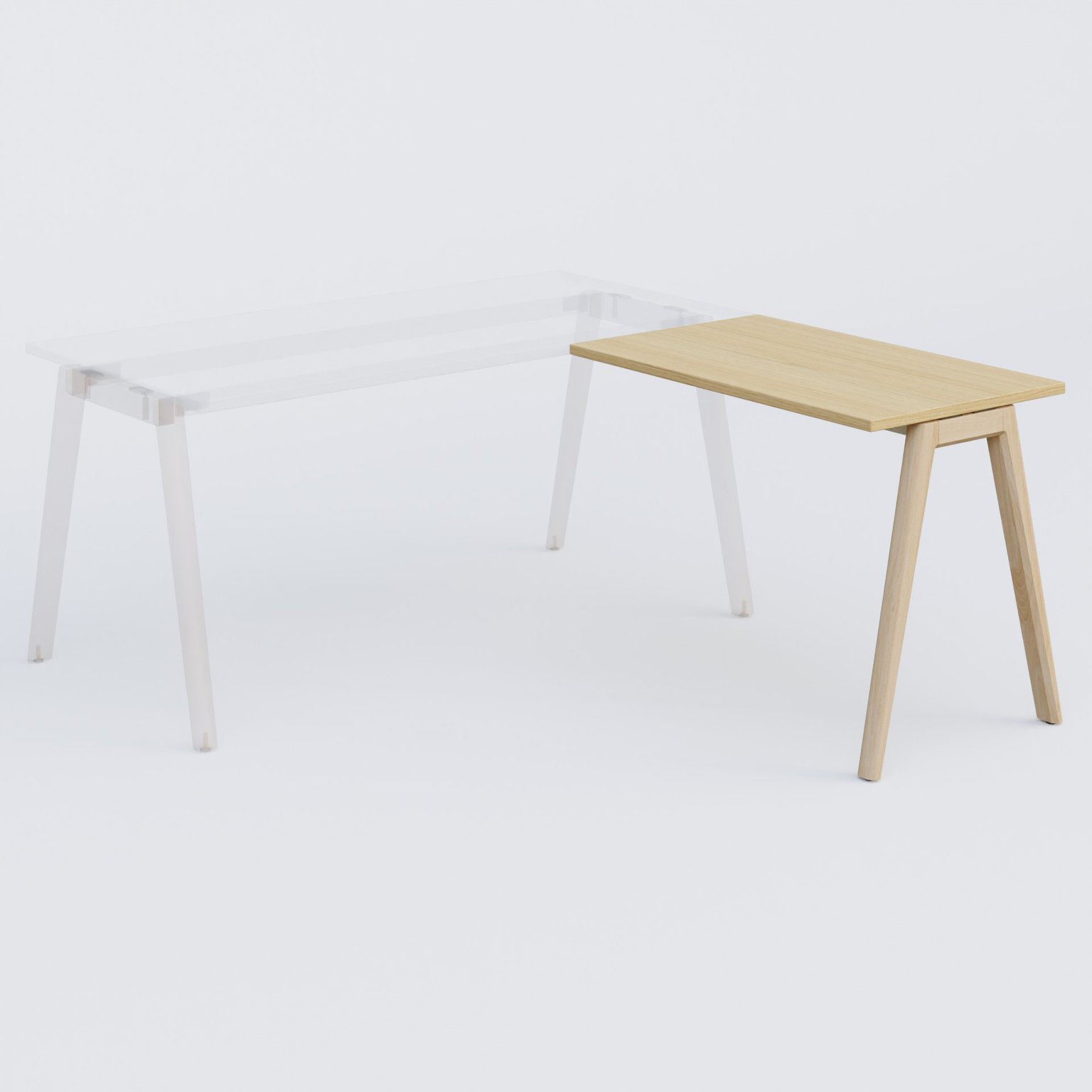 Extensions retour sur pied pour bureau K9 piètement incliné en bois et plateau 100*60 cm. Plateau Chêne clair et pietement bois massif de hêtre.