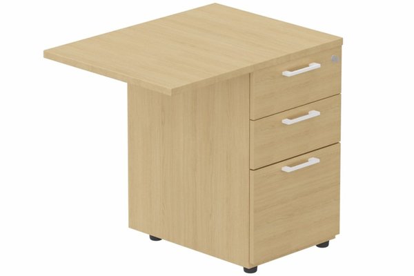Gamme K8 Wood - Extensions - Plans droits - K8Wood Retour direct 100x60 sur caisson bois HB 3 tiroirs -Finitions = Plateau : chêne (BL) /Piétements : Blanc / bois (BW) / Caisson : Blanc (BL)