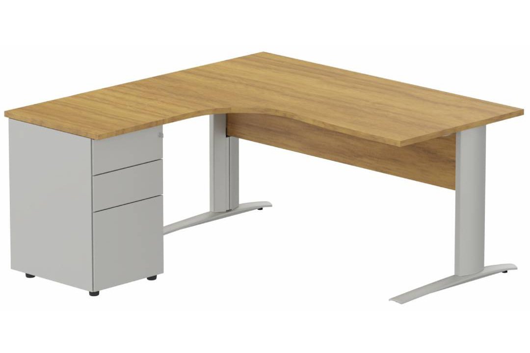 K1 VDF BOIS Compact 90° asymétrique 160x162x80/60cm retour à gauche avec caisson HB métal 3 tiroirs, plateau noyer, structure anthracite