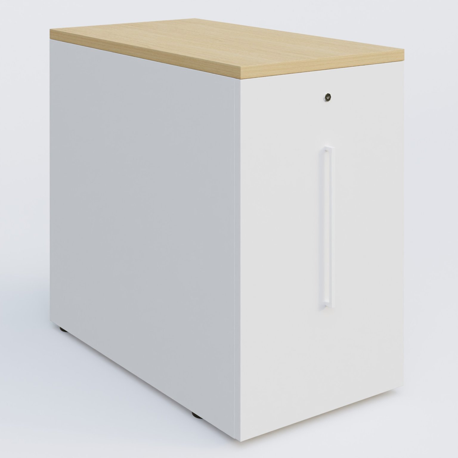 Tour de rangement hauteur de bureau 72 cm position à gauche. Caisson Chêne clair et top de finition Blanc.