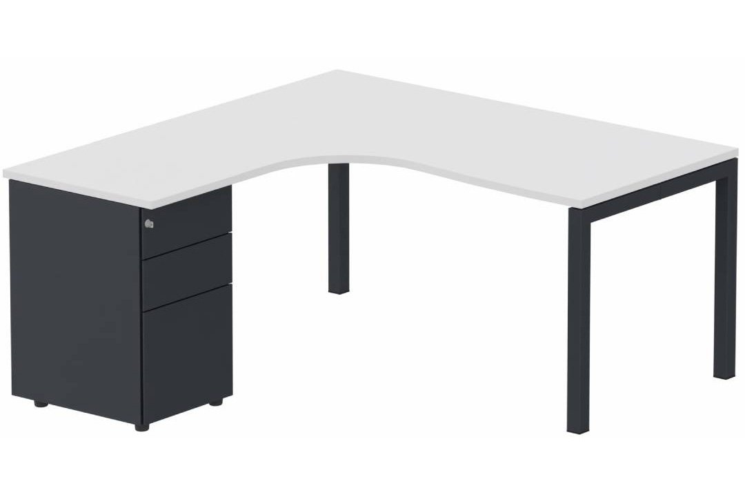 K3- Plan compact 90° asymétrique 160x162x80/60cm avec caisson HB métal 3 tiroirs - retour à gauche -Finitions : PLATEAUX: BLANC (BL) / PIETEMENTS: ANTHRACITE (AN ) / CAISSONS METALLIQUES: ANTHRACITE (AN)