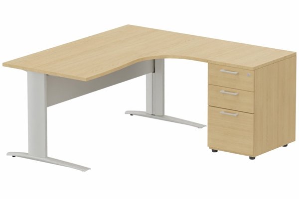 Gamme K1 - Plans compacts - K1 Voile de fond Métal - Plan compact 90° asymétrique 160x162x80/60cm avec caisson HB bois 3 tiroirs - retour à droite -Finitions : PLATEAUX: CHENE (CE) / PIETEMENTS: ALUMINIUM (AL) / CAISSONS MELAMINE: CHENE (CE)