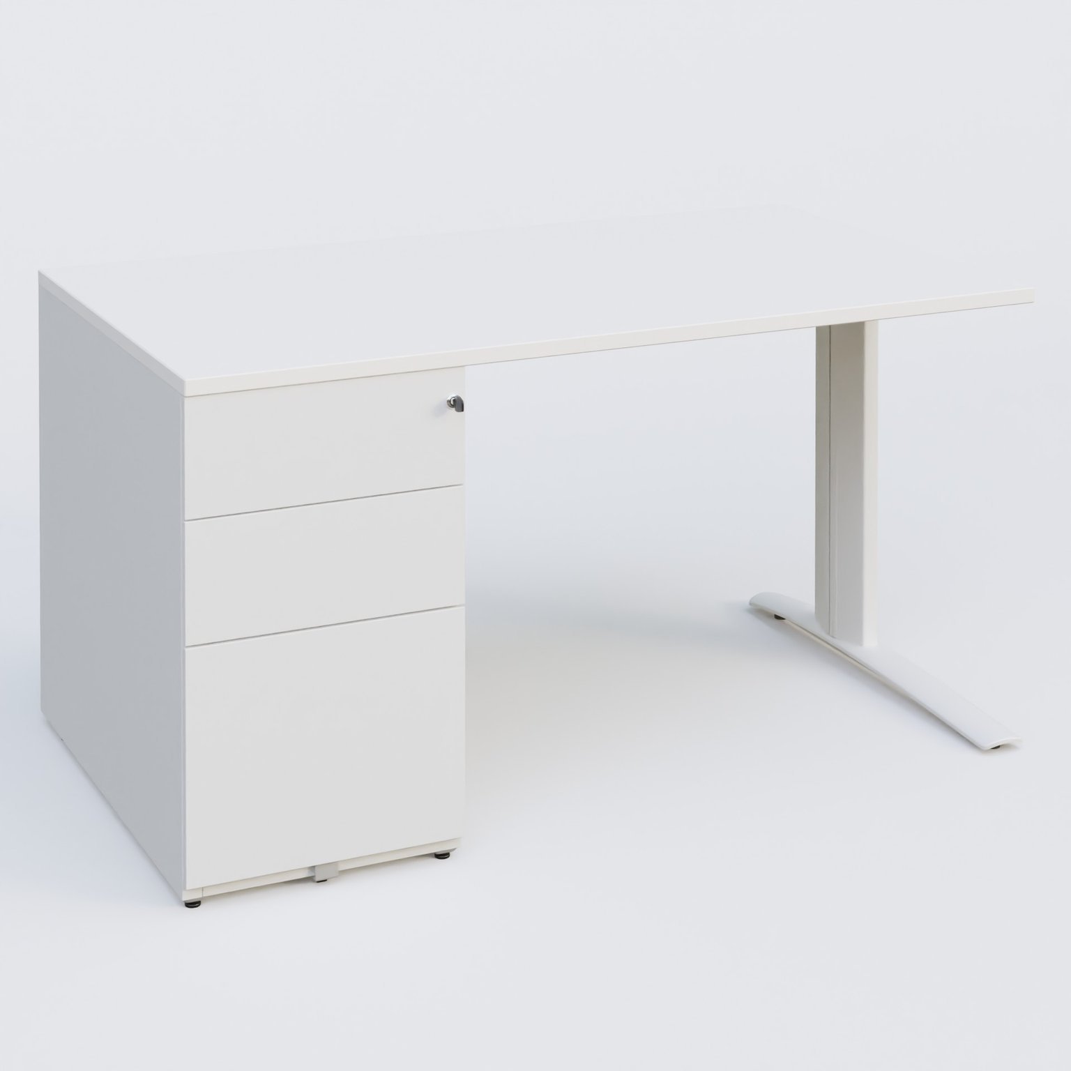 K1 Plateau droit 140x80 avec caisson métal porteur sous plateau à gauche. Plateau Blanc et pietement Blanc