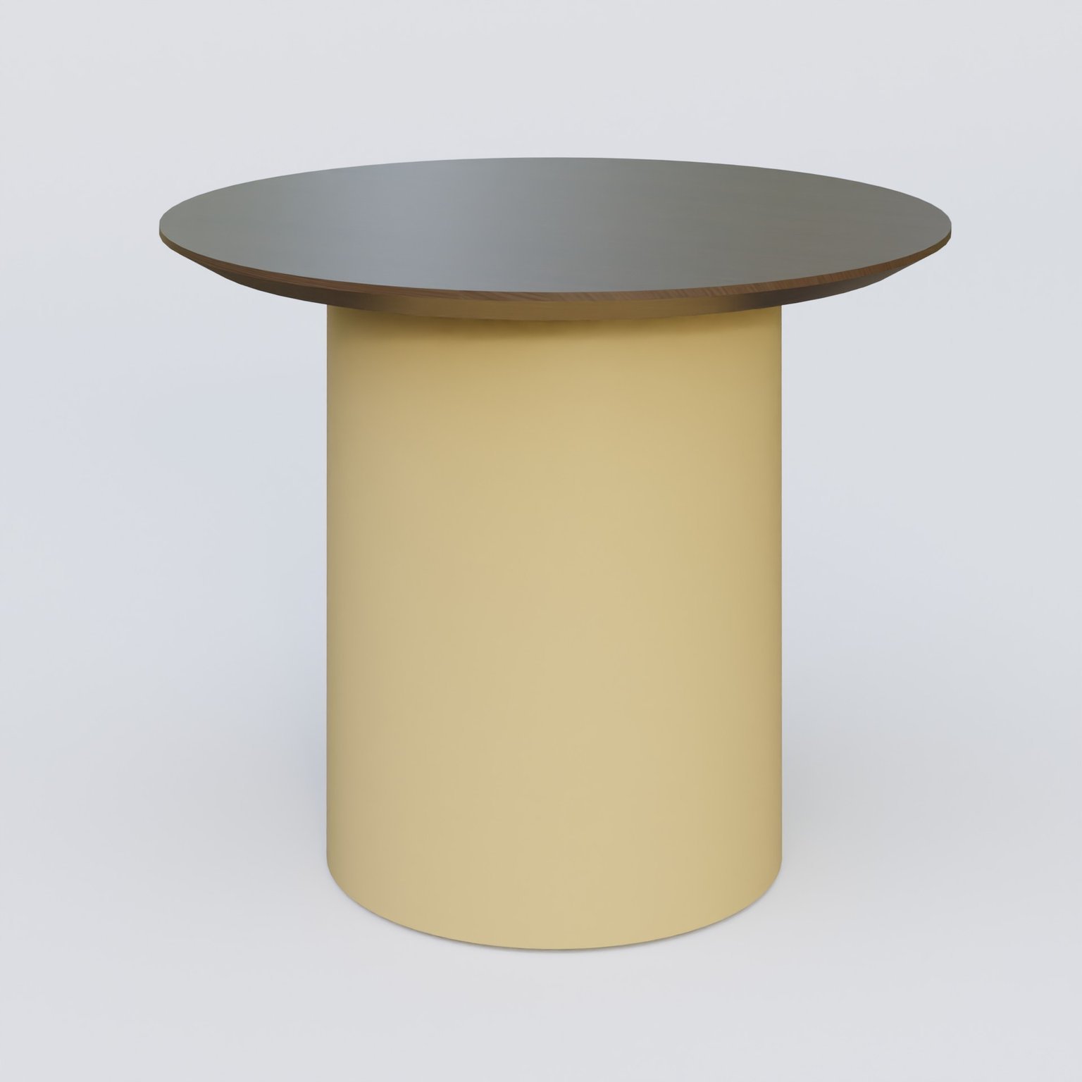 Table Basse Fashion Styl piètement colonne en métal D-26cm et plateau bois. Plateau Chêne Moka et pietement Jaune Cuivre (RAL 1002).