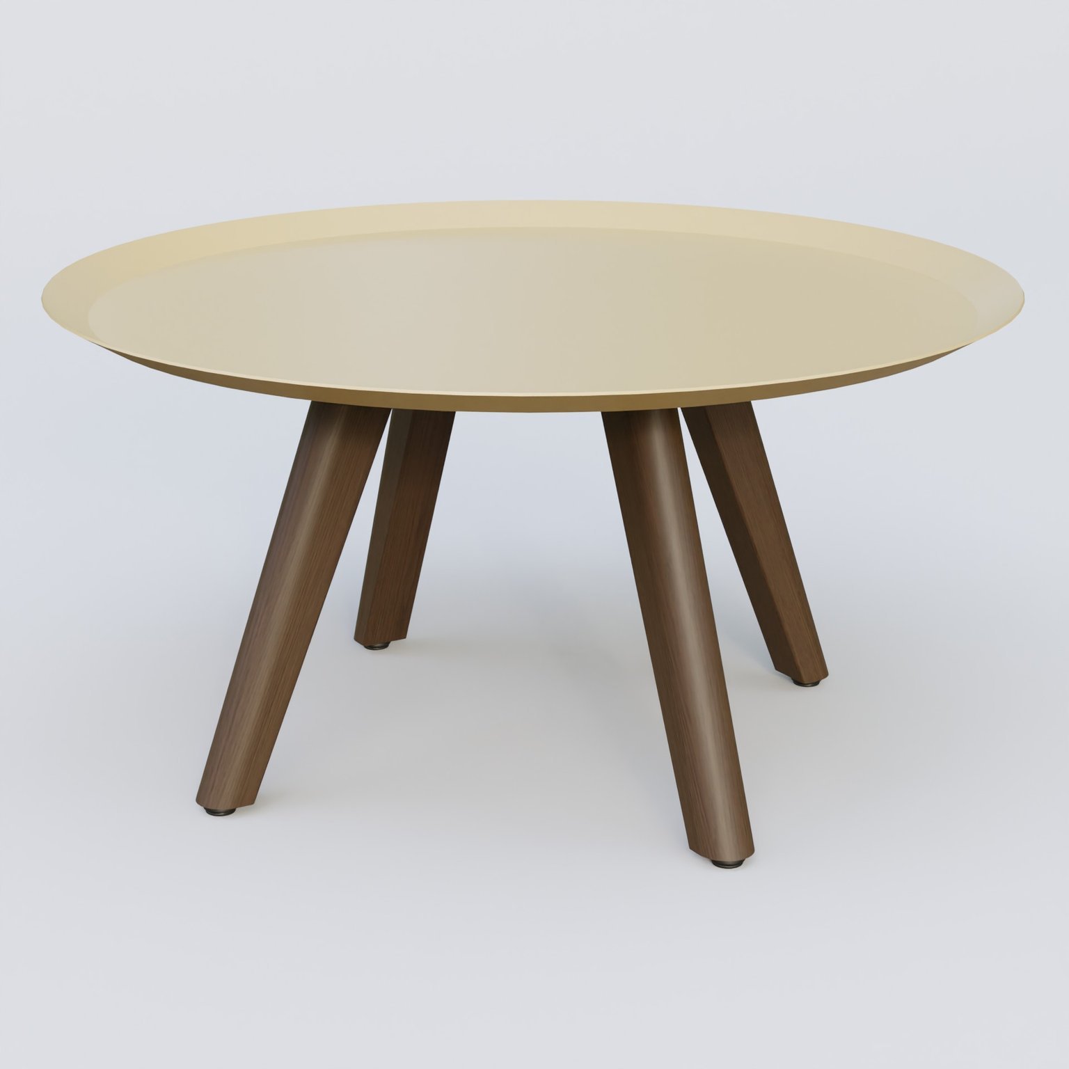 Table Basse Fashion Styl piètement 3 pieds bois et plateau métal. Plateau Jaune Cuivre (RAL 1002) et pietement Chêne Moka.