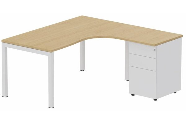 Gamme K3 - Plans compacts - K3- Plan compact 90° asymétrique 180x162x80/60cm avec caisson HB métal 3 tiroirs - retour à droite Finitions- Plateau et top caisson : Chêne (CE) / Piétements et caisson :BLANC (BL)