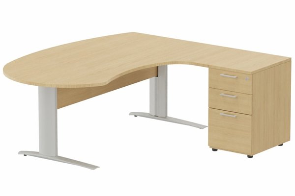 Gamme K1 - Plans compacts - K1 Voile de fond Bois -Plan compact 90° asymétrique Manager 190x183x104/60cm avec caisson HB bois 3 tiroirs - retour à droite -Finitions : PLATEAUX: CHENE (CE) / PIETEMENTS: ALUMINIUM (AL) / CAISSONS MELAMINE: CHENE (CE)