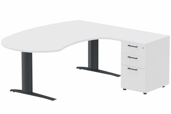 Gamme K1 - Plans compacts - K1 POUTRE compact 90° manager 190x141x104x60cm sur caisson HB mélamine 3 tiroirs, plateau blanc, structure anthracite
