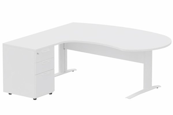 Gamme K1 - Plans compacts - K1 VDF bois compact 90° manager 190x141x104x60cm sur caisson HB mélamine 3 tiroirs, plateau blanc, structure blanc