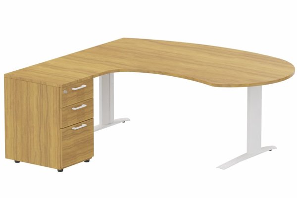 Gamme K1 - Plans compacts - k1 Poutre - Plan compact 90° asymétrique Manager 190x183x104 / 60cm avec caisson HB bois 3 tiroirs - retour à gauche -Finitions : PLATEAUX: NOYER (NO) / PIETEMENTS: BLANC (BL) / CAISSONS MELAMINE: NOYER (NO)