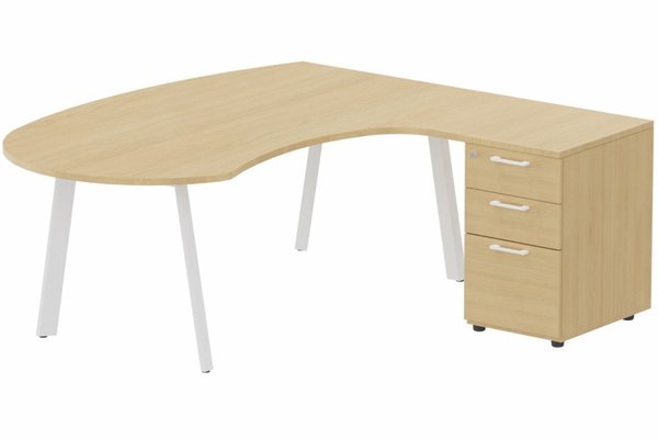 Gamme K8 - Plans compacts - K8 Plan compact 90° asymétrique Manager 190x183x104/ 60cm avec caisson HB bois 3 tiroirs - retour à droite