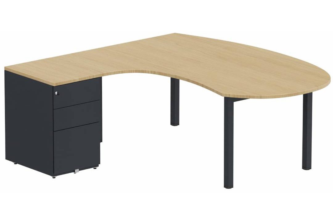 K3 compact 90° manager 190x141x104x60cm sur caisson HB métal 3 tiroirs, plateau chêne, structure anthracite