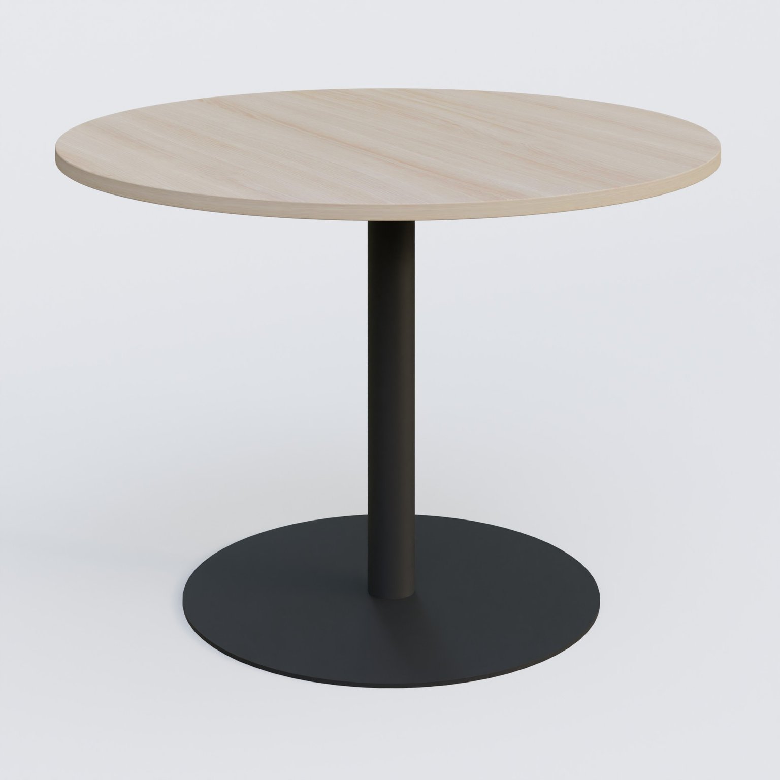 Table ronde diametre 100 cm avec pieds colonne centrale. Plateau Acacia et pietement Noir Mat