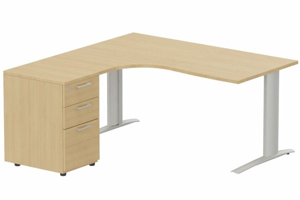 Gamme K1 - Plans compacts - k1 Poutre - Plan compact 90° asymétrique 180x162x80 / 60cm avec caisson HB bois 3 tiroirs - retour à gauche -Finitions : PLATEAUX: CHENE (CE) / PIETEMENTS: ALUMINIUM (AL) / CAISSONS MELAMINE: CHENE (CE)