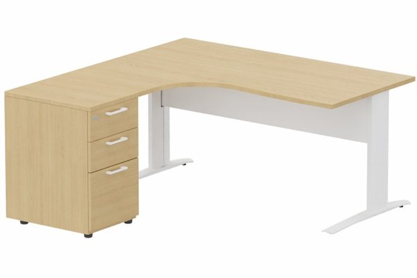 Gamme K1 - Plans compacts - K1 Voile de fond Métal - Plan compact 90° asymétrique 180x162x80/60cm avec caisson HB bois 3 tiroirs - retour à gauche