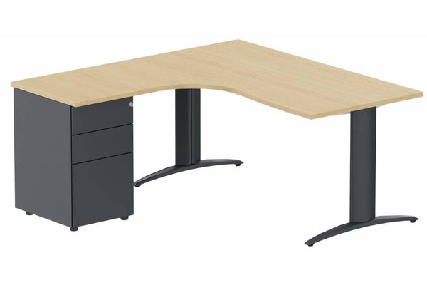 Gamme K2 - Plans compacts -  K2 Compact 90° asymétrique 160x162x80/60cm retour à gauche avec caisson HB métal 3 tiroirs, plateau CHENE, structure Anthracite