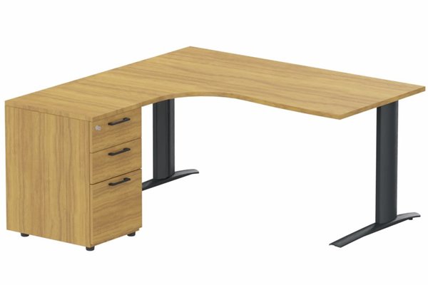 Gamme K1 - Plans compacts - k1 Poutre - Plan compact 90° asymétrique 180x162x80 / 60cm avec caisson HB bois 3 tiroirs - retour à gauche -Finitions : PLATEAUX: NOYER (NO) / PIETEMENTS: ANTHRACITE (AN) / CAISSONS MELAMINE: NOYER (NO)