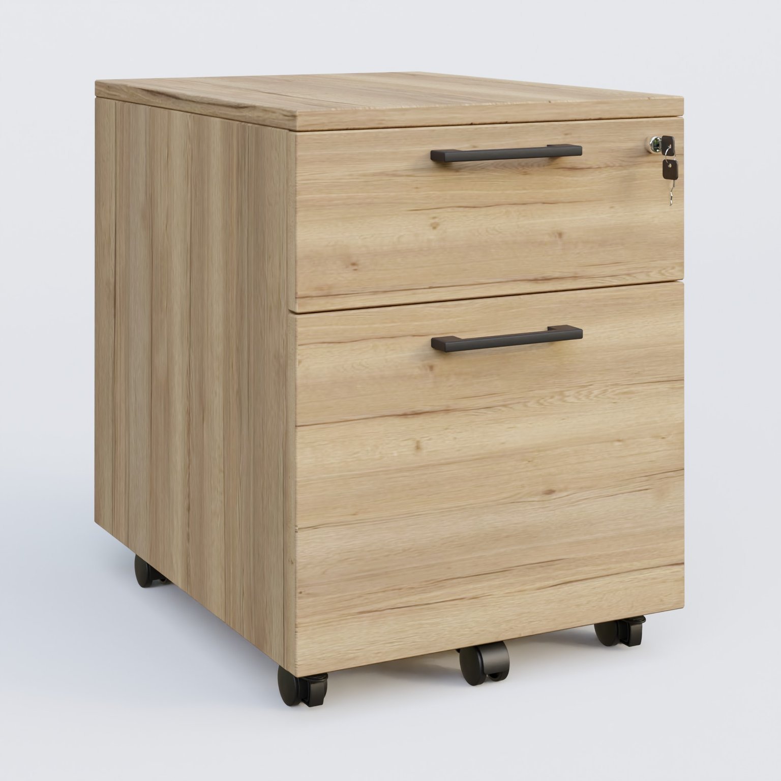 Caisson mobile mélamine 2 tiroirs, hauteur 55 cm. Caisson Chêne naturel et poignets Noir.