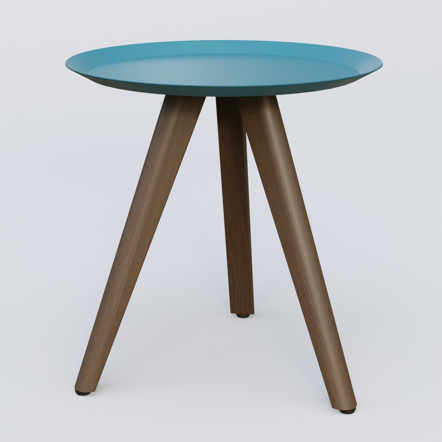Table Basse Fashion Styl piètement 3 pieds bois et plateau métal. Plateau Bleu Petrole (RAL 5025) et pietement Chêne Moka.