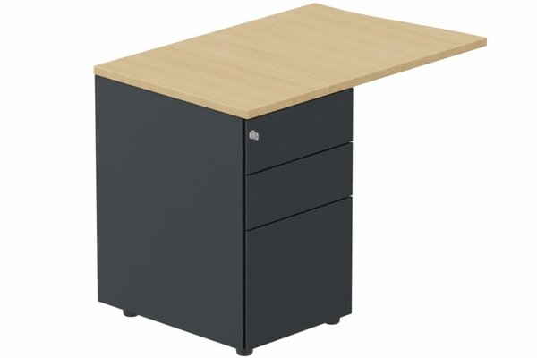 Gamme K1 - Extensions - Plans vagues - K1- Retour direct vague 90x60 sur caisson HB métal 3 tiroirs à gauche -Finitions : PLATEAUX: CHENE (CE) / PIETEMENTS: ANTHRACITE (AN)