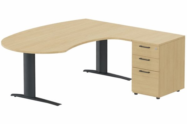 Gamme K1 - Plans compacts - k1 Poutre - Plan compact 90° asymétrique Manager 190x183x104 / 60cm avec caisson HB bois 3 tiroirs - retour à droite -Finitions : PLATEAUX: CHENE (CE) / PIETEMENTS: ANTHRACITE (AN) / CAISSONS MELAMINE: CHENE (CE)