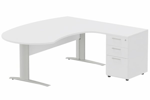 Gamme K1 - Plans compacts - K1 VDF bois compact 90° manager 190x141x104x60cm sur caisson HB mélamine 3 tiroirs, plateau blanc, structure aluminium