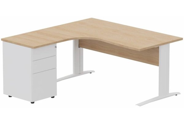 Gamme K1 - Plans compacts - K1 VDF BOIS Compact 90° asymétrique 160x162x80/60cm retour à gauche avec caisson HB métal 3 tiroirs hêtre/blanc