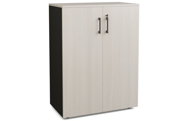 ARMOIRES PORTES BATTANTES - Mélaminés - Armoire mélamine H102xL120cm portes bois, Top de finition : Acacia / Corps d'armoire et tablettes : noir / Façade : Acacia