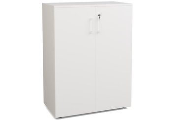 ARMOIRES PORTES BATTANTES - Mélaminés - Armoire mélamine H102xL120cm portes bois, Top de finition : blanc / Corps d'armoire et tablettes : blanc / Façade :blanc /Poignée Blanche (B)