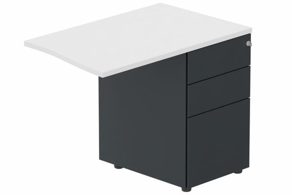Gamme K1 - Extensions - Plans vagues - K1 Retour direct vague 90x60 sur caisson HB métal 3 tiroirs à droite -Finitions : PLATEAUX: BLANC (BL) / CAISSONS METALLIQUES: ANTHRACITE (AN)