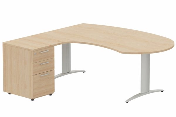 Gamme K2 - Plans compacts - K2 compact 90° manager 190x141x104x60cm sur caisson HB mélamine 3 tiroirs, plateau hêtre, structure aluminium