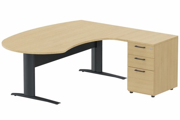 Gamme K1 - Plans compacts - K1 Voile de fond Métal - Plan compact 90° asymétrique Manager 190x183x104/60cm avec caisson HB bois 3 tiroirs - retour à droite -Finitions : PLATEAUX: CHENE (CE) / PIETEMENTS: ANTHRACITE (AN) / CAISSONS MELAMINE: CHENE (CE)
