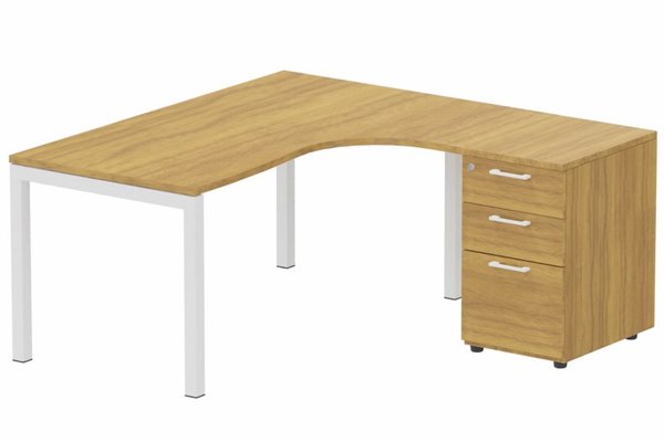 Gamme K3 - Plans compacts - K3 Compact 90° asymétrique 180x162x80/60cm retour à droite avec caisson HB bois 3 tiroirs, plateau noyer, structure blanche