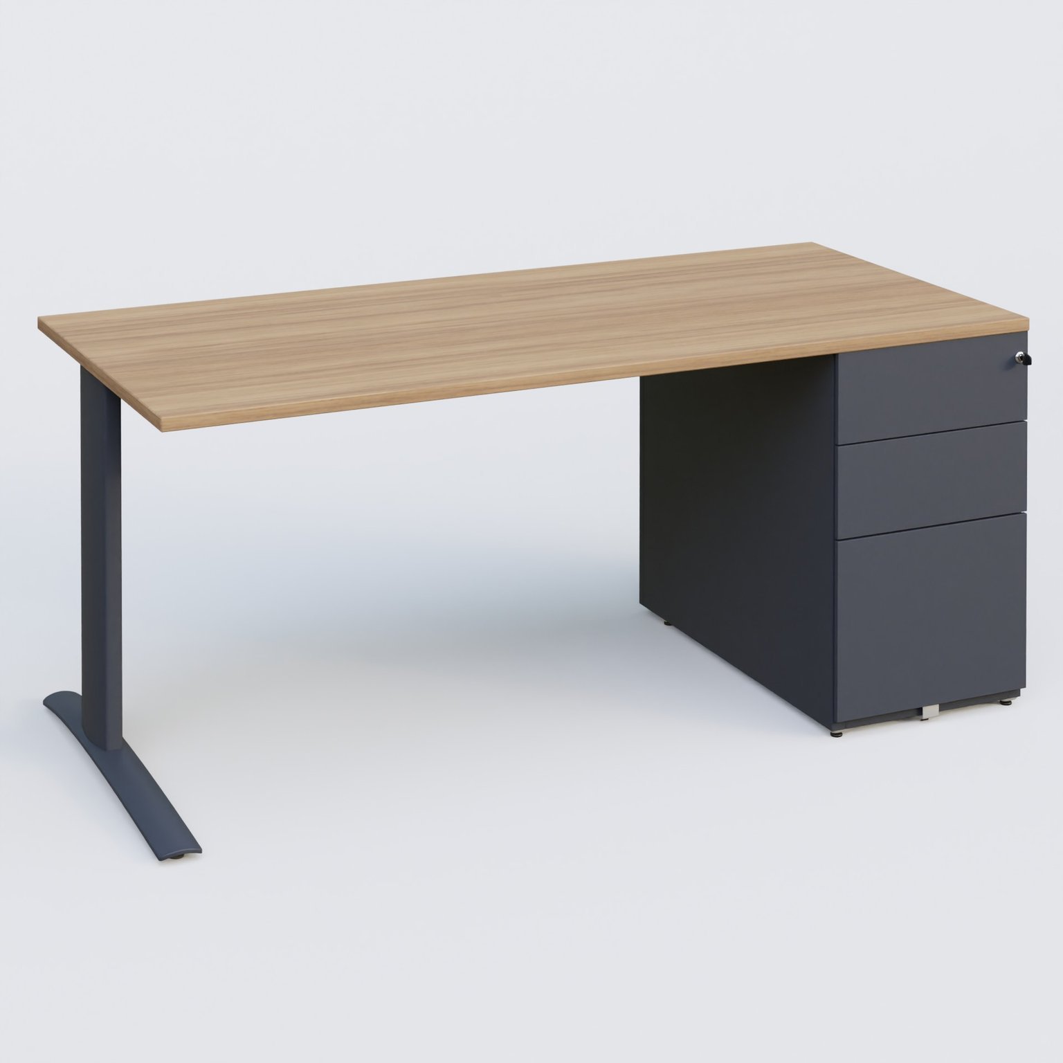 K1 Plateau droit 180x80 avec caisson métal porteur sous plateau à droite. Plateau Noyer et pietement Anthracite