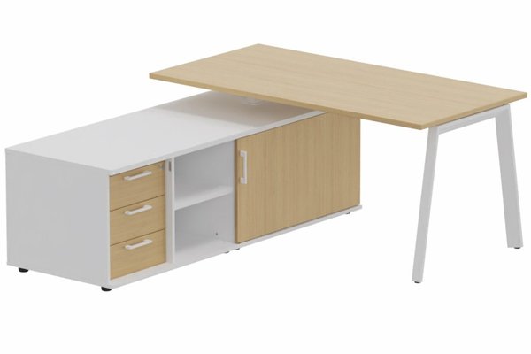Gamme K8 - Plans droits - K8 Plan 160x80 avec meuble porteur (L180xP64) avec caisson 3T intégré - meuble à gauche - Finitions = Plateau et top de finition : Chêne (CE) /Piétement :Blanc (BL) / Corps du meuble : Blanc / Façade : Chêne (CE)