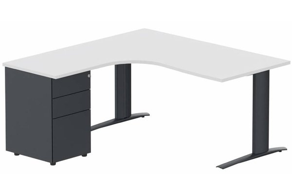 Gamme K1 - Plans compacts - K1 POUTRE Compact 90° asymétrique 160x162x80/60cm retour à gauche avec caisson HB métal 3 tiroirs blanc/Anthracite - sur dél