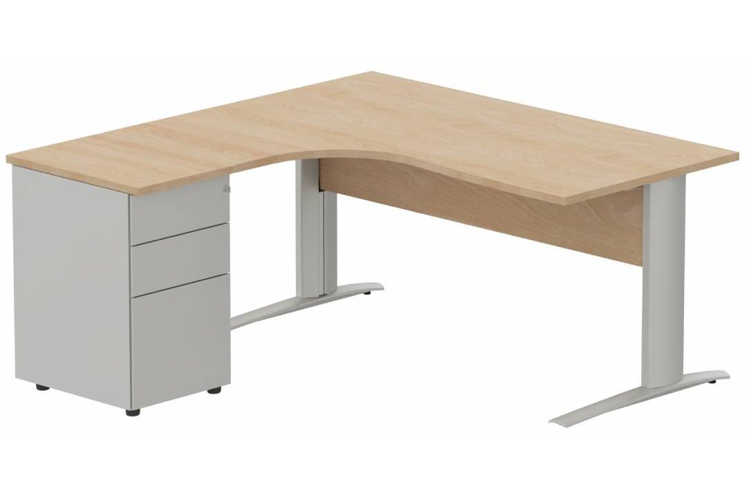 K1 VDF BOIS Compact 90° asymétrique 160x162x80/60cm retour à gauche avec caisson HB métal 3 tiroirs hêtre/aluminium